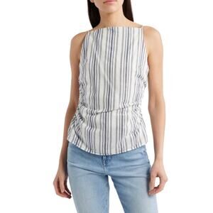 Madewell Linen Cotton Striped Ruched Square Neck Tank Top Size 0 Coastal